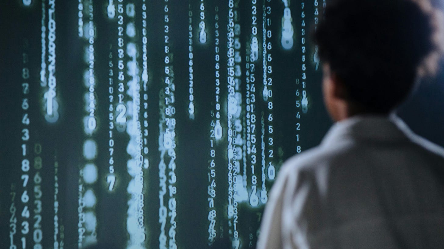 Image of a person looking at computer code arranged vertically. The person has their back towards the viewer Image of a person looking at computer code arranged vertically. The person has their back towards the viewer