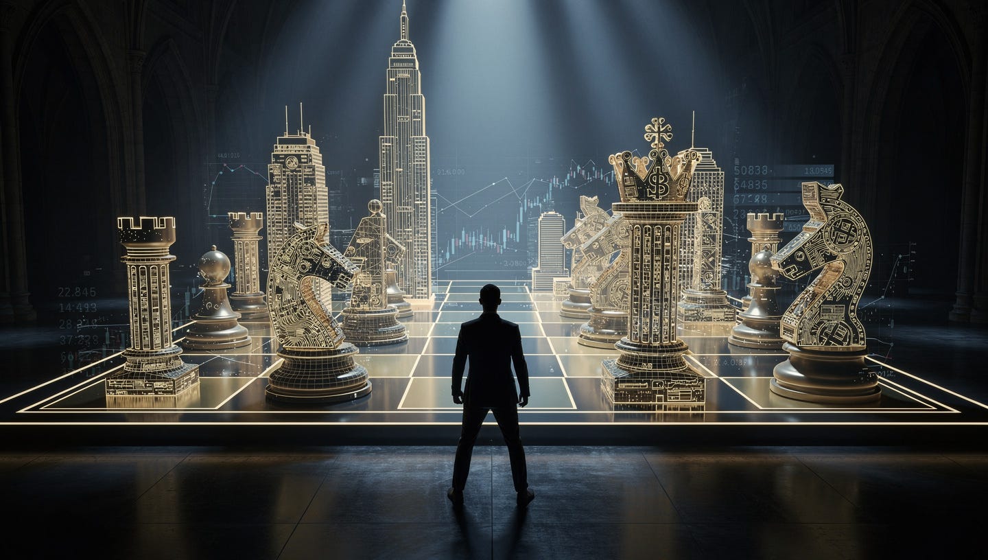 A lone, determined individual investor standing in a vast, dark hall in front of a massive, glowing holographic chessboard. The chess pieces are stylized as financial architectural structures and currency symbols. The person is small compared to the board but looks agile and strategic. Cinematic lighting, high contrast, deep blues and gold accents, 8k resolution, photorealistic, professional photography style.