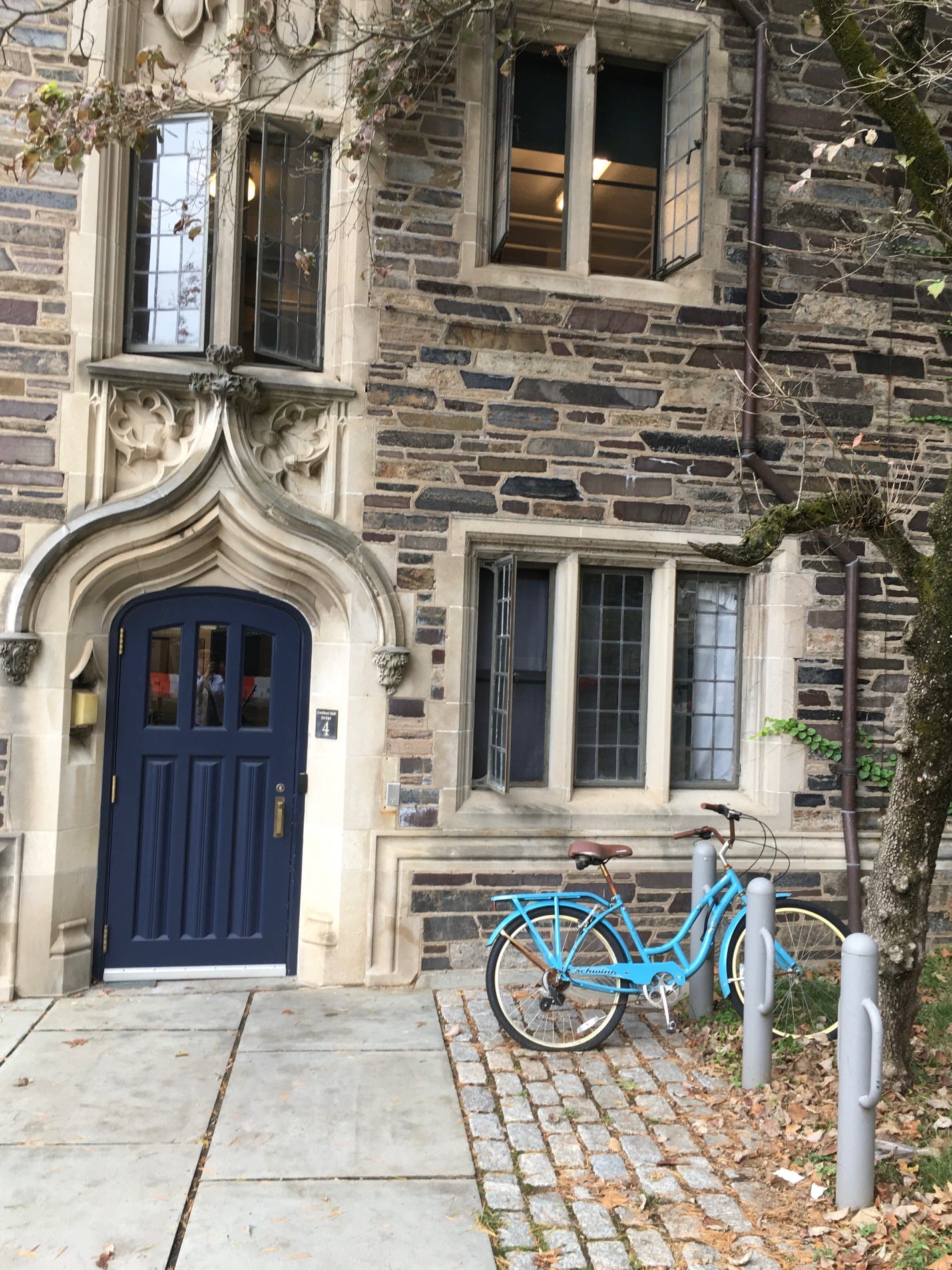 Gothic college dorm exterior with stone walkway leading to dark blue entryway door and light blue bike parked in bike rack. Lead windows are open, and a tree is off to the left, near the bike.