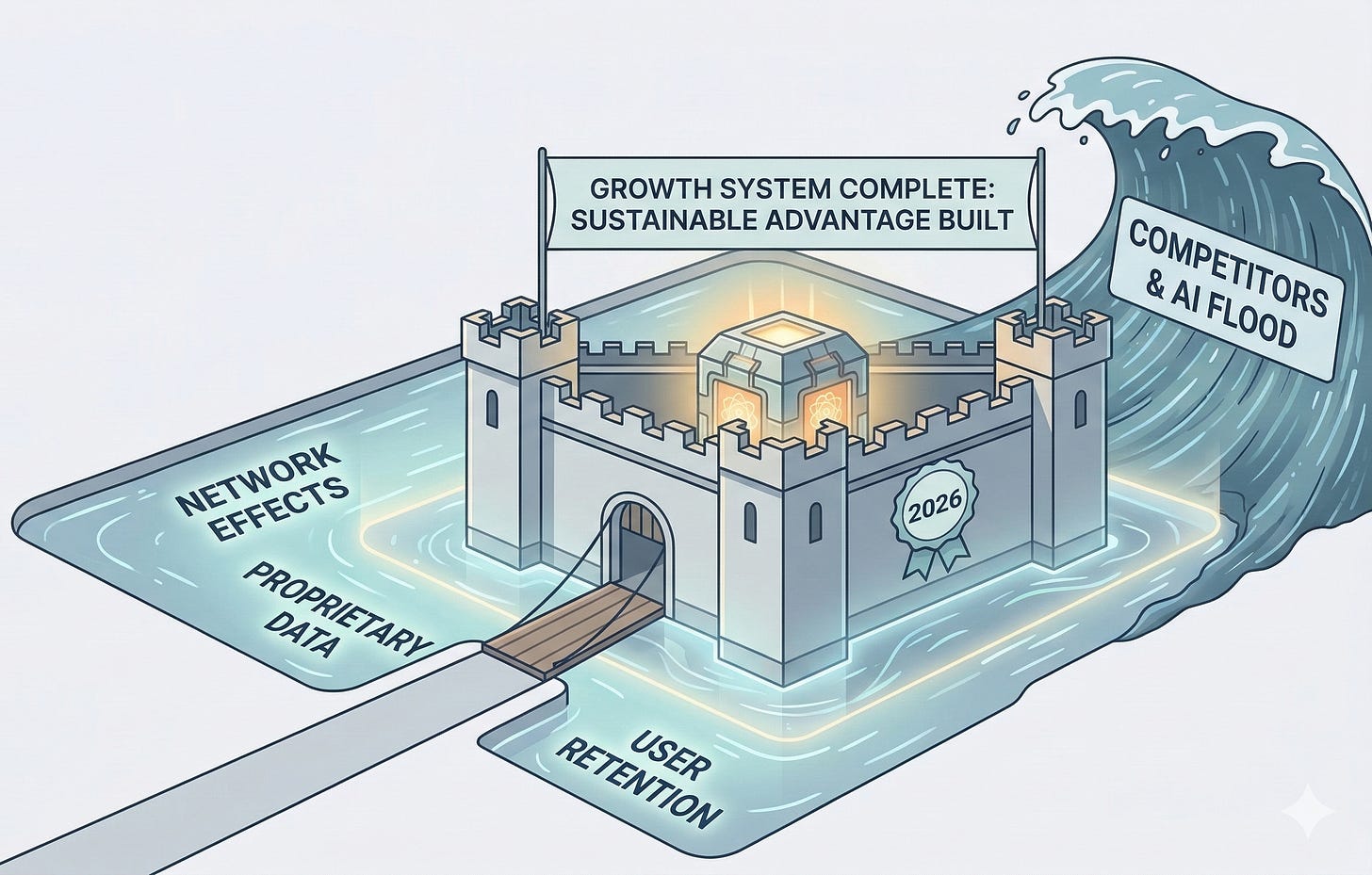 A castle representing a growth system protected by a moat of network effects and user retention against a wave of AI competition.