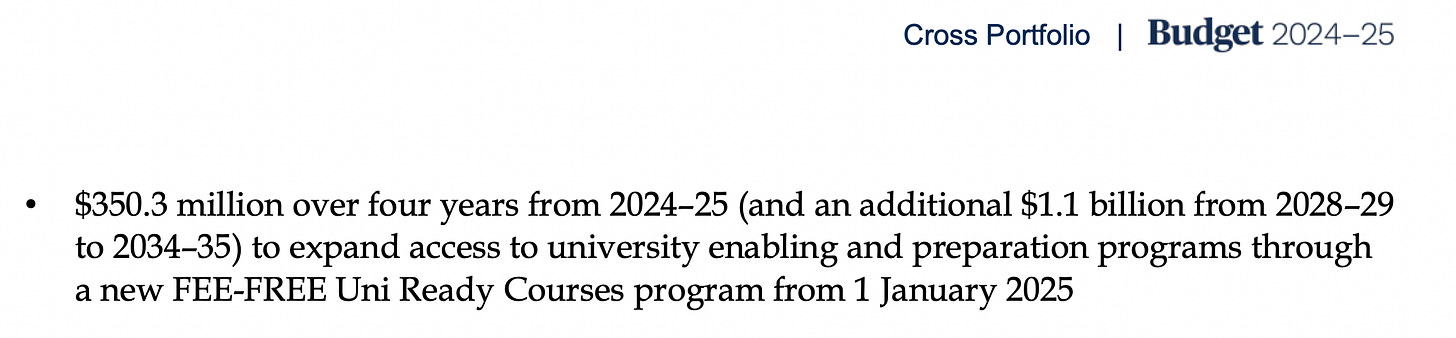 Budget announcement relating to FEE-FREE Uni Ready Courses - Budget Paper 2, p63