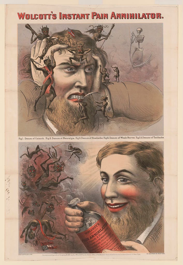 Endicott & Co. , Printer, and R. L Wolcott. Wolcott's instant pain annihilator / Endicott & Co. lith. , 1863. [New York: Endicott & Co. Lith. 59 Beekman St. New York] Photograph. https://www.loc.gov/item/93507049/.