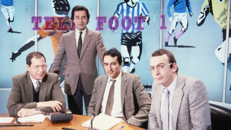 Georges Dominique, Michel Denisot, Didier Roustan et Philippe Houy sur le plateau de Téléfoot le 7 décembre 1981