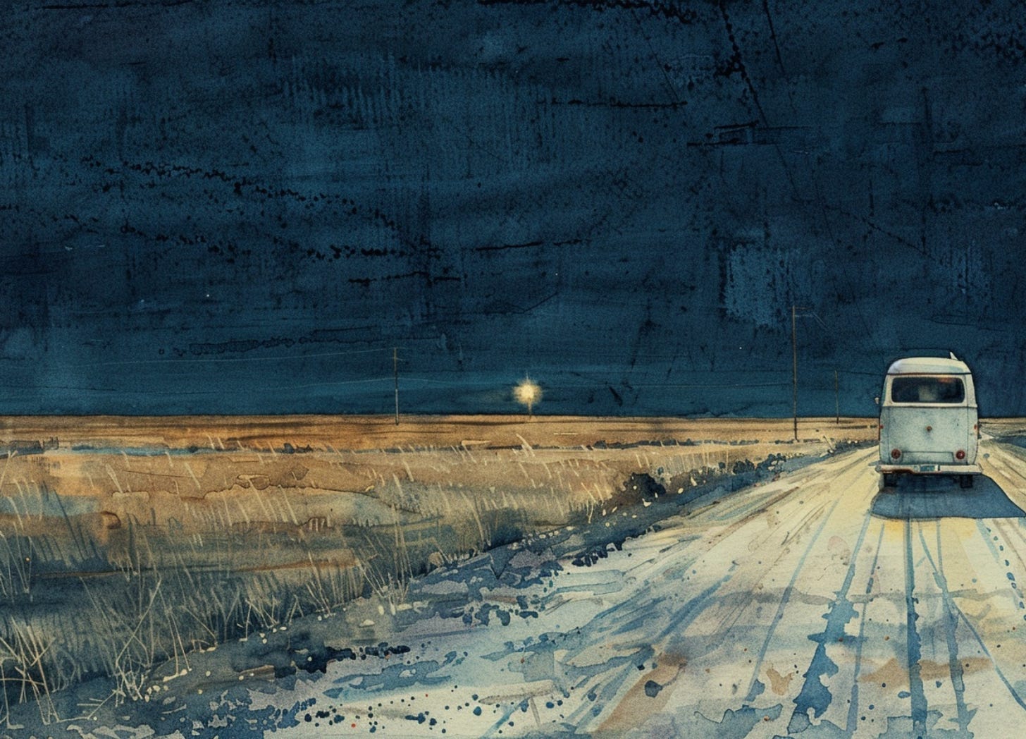 vintage editorial watercolor illustration of an empty industrial field at night, unmarked white van in the distance, flat midwestern horizon, muted neutrals, cream paper texture
