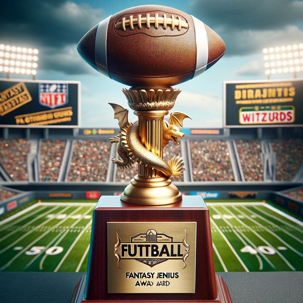 A well-designed fantasy football award trophy with intentionally humorous misspellings. The trophy is elegantly crafted, resembling a traditional football trophy, but with a twist. It features a shiny, gold football atop a tall, polished pedestal. However, the football is labeled as 'Futball' in large, elegant letters. The pedestal is engraved with mythical creatures like dragons and wizards, but with playful misspellings like 'Draogns' and 'Wizurds'. The base of the trophy has an engraved plaque that reads 'Fantasy Jenius Fantasy Jenius Award' in a sophisticated font. The background is a classic football stadium, but with signs and banners displaying comically misspelled football terms and team names.