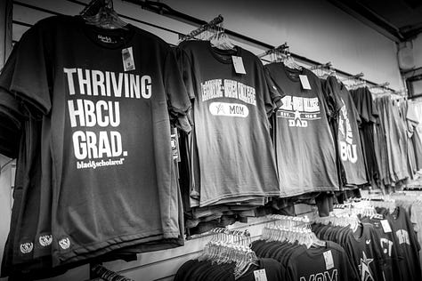 images from inside the bookstore including college physics textbooks and textbooks for sale, branded water bottles and trinkets, and HBCU themed T-shirts