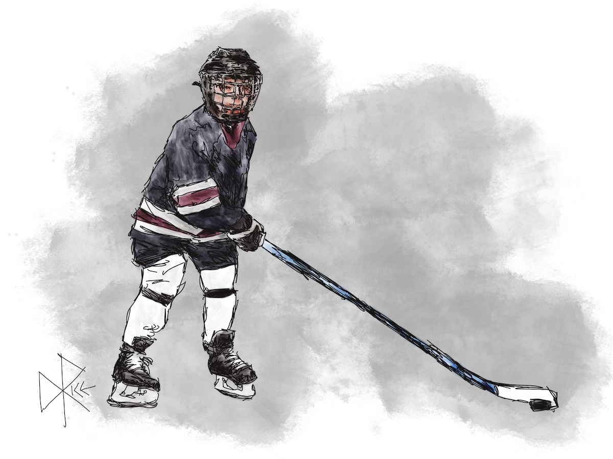 A young hockey player, looking around and ready to release the puck off the toe of his stick. Sketch art by Don Rice.