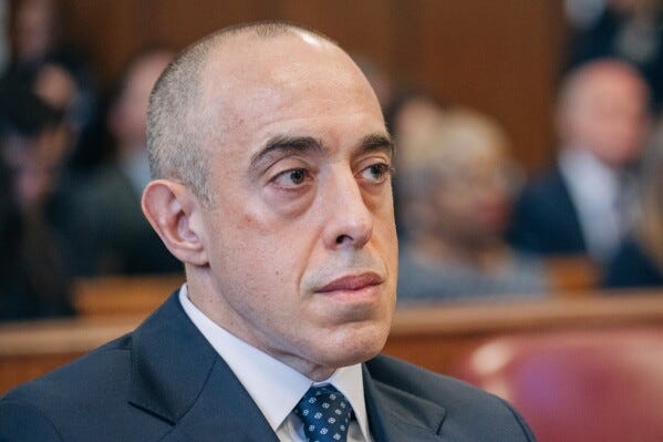 Emil Bove, attorney for then former President Donald Trump, attends Manhattan criminal court during Trump's sentencing in the hush money case in New York, Jan. 10, 2025. (Jeenah Moon/Bloomberg via AP, File)