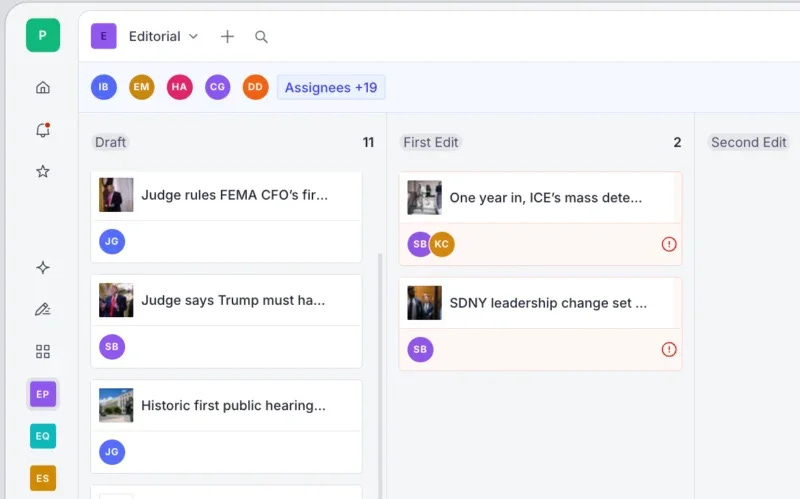 Screenshot from Sanity of custom workflow board for Politico editors to see their teams' content and where it is in the editorial process. Shows sections for draft, first edit and second edit