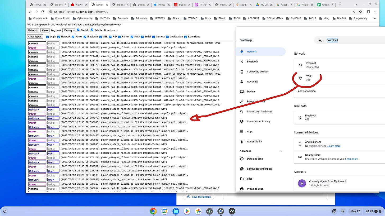 This is a screenshot of my Chromebook which shows two programs, the Chrome Device log, and the setting panel. The Device log shows a list that includes several Wi-Fi-related entries with timestamps that show a scan is executed every minute. The setting panel shows the Wi-Fi adapter is off, and the Ethernet is 'Connected'