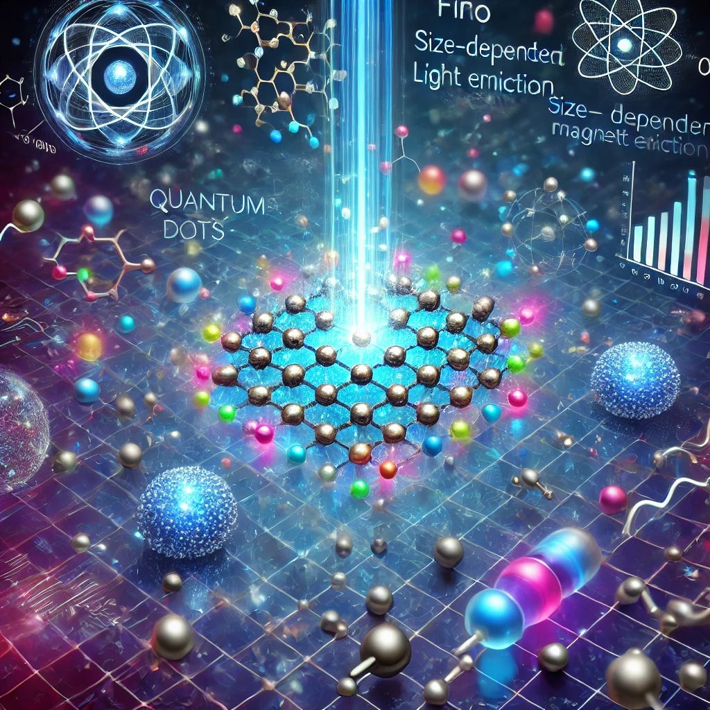 An advanced scientific illustration showcasing the relationship between quantum dots and the Fiero Theory of Magnetivity. The image features quantum dots illuminated with glowing colors representing size-dependent light emission, surrounded by abstract magnetic field lines. Include symbols of applications like biomedical sensors, quantum computing circuits, and molecular structures to suggest their use in various fields. Use a futuristic, clean aesthetic with colors like blues, purples, and soft neon highlights to create a sense of innovation and discovery. An advanced scientific illustration showcasing the relationship between quantum dots and the Fiero Theory of Magnetivity. The image features quantum dots illuminated with glowing colors representing size-dependent light emission, surrounded by abstract magnetic field lines. Include symbols of applications like biomedical sensors, quantum computing circuits, and molecular structures to suggest their use in various fields. Use a futuristic, clean aesthetic with colors like blues, purples, and soft neon highlights to create a sense of innovation and discovery.