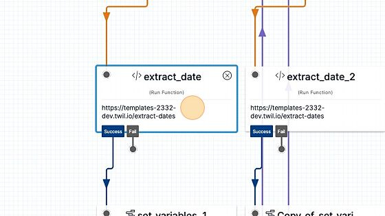 Screenshot of: Go back to the tab with Twilio Studio open and click the widget named "extract_date" Screenshot of: Go back to the tab with Twilio Studio open and click the widget named "extract_date"