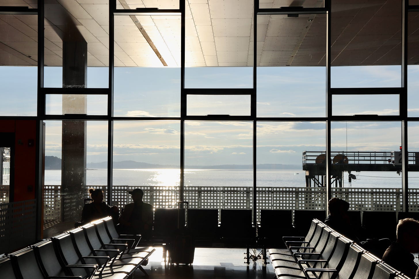 he waiting room at the Seattle Ferry Terminal, looking west across Puget Sound. NBBJ, architect.