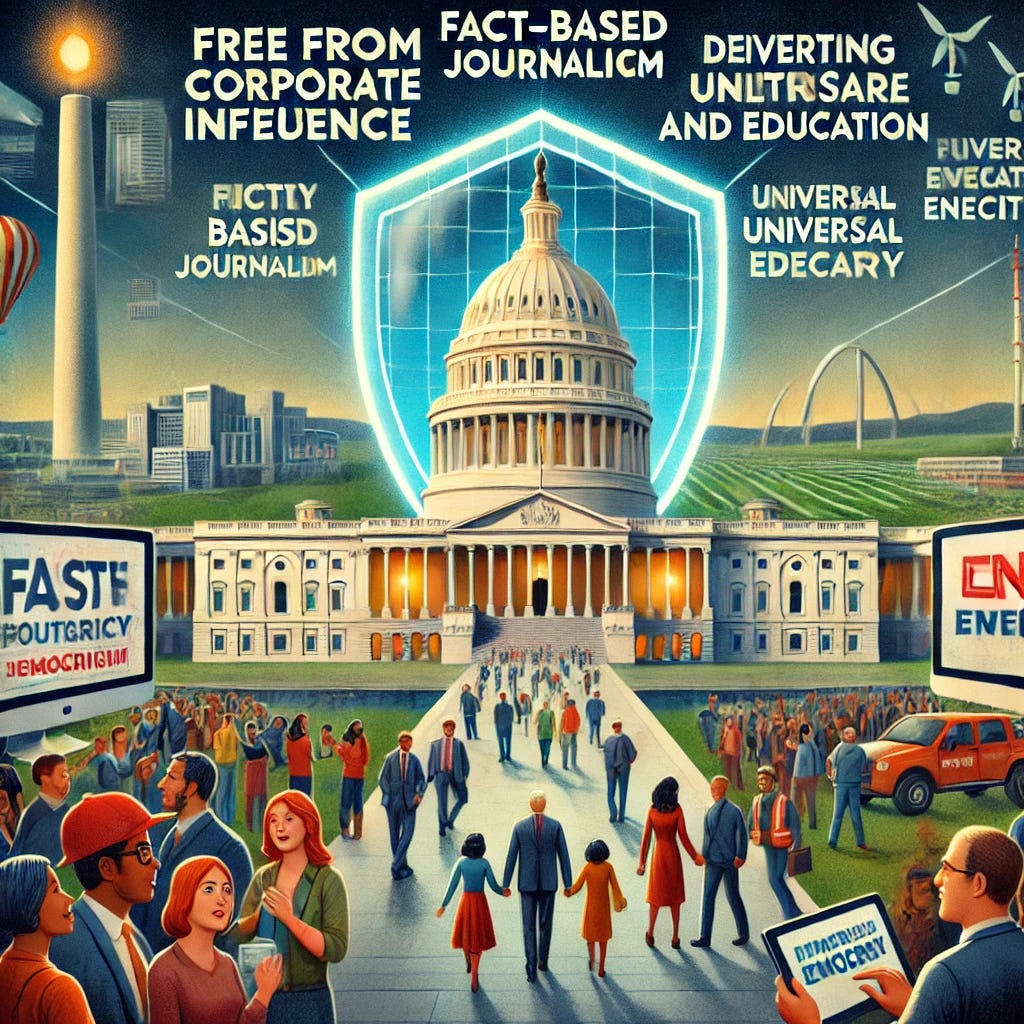A hopeful vision of America's future: A Capitol building free from corporate influence, surrounded by citizens engaging in grassroots democracy. Screens displaying fact-based journalism, protected by a digital shield symbolizing defense against misinformation. Thriving infrastructure, with modern public transportation and green energy. Diverse people benefiting from universal healthcare and education, symbolizing an equitable society. A hopeful vision of America's future: A Capitol building free from corporate influence, surrounded by citizens engaging in grassroots democracy. Screens displaying fact-based journalism, protected by a digital shield symbolizing defense against misinformation. Thriving infrastructure, with modern public transportation and green energy. Diverse people benefiting from universal healthcare and education, symbolizing an equitable society.