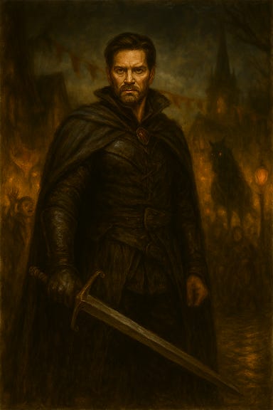 A gothic fantasy depiction of Fleetwood, visually inspired by Richard Armitage, standing defiantly in Vallaki’s square as Strahd von Zarovich watches from atop his nightmare steed Bucephalus. Fleetwood wears dark, weathered armor with a long cloak billowing in the mist. His face is stern, eyes locked on Strahd with unwavering resolve. He holds a longsword calmly at his side—not raised in threat, but ready. Around him, the square is rain-slicked and chaotic, with torn festival banners and flickering lanterns. Strahd sits in the background, regal and still, his pale face unreadable, Bucephalus snorting steam. The atmosphere is tense, cinematic, and mythic—Fleetwood as a lone figure of defiance against dread.