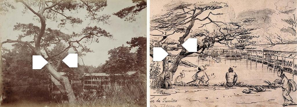 1860s photo and sketch of Jūnisō Pond in Shinjuku, Tokyo