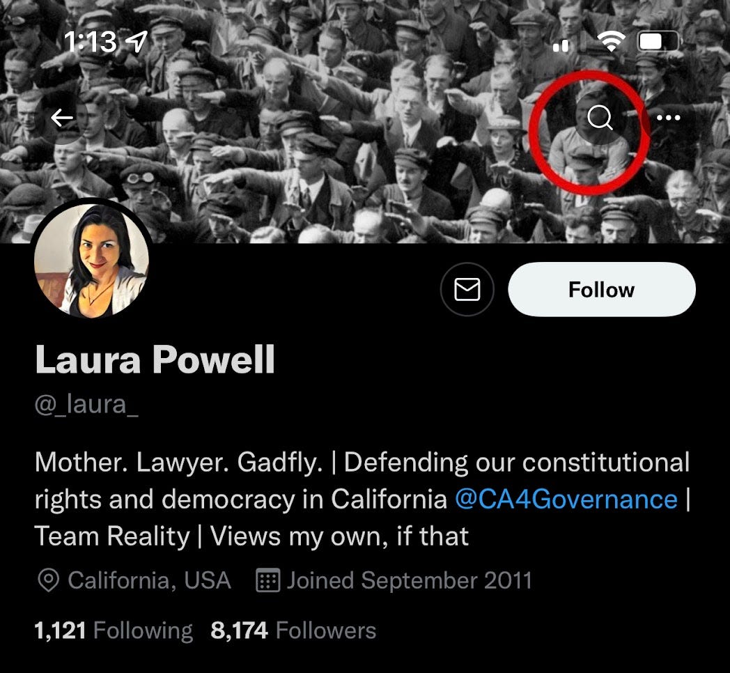 Twitter bio of Laura Powell, who calls herself "Team Reality," with a photo of a lone man in a crowd refusing to do a Nazi salute. Twitter bio of Laura Powell, who calls herself "Team Reality," with a photo of a lone man in a crowd refusing to do a Nazi salute.