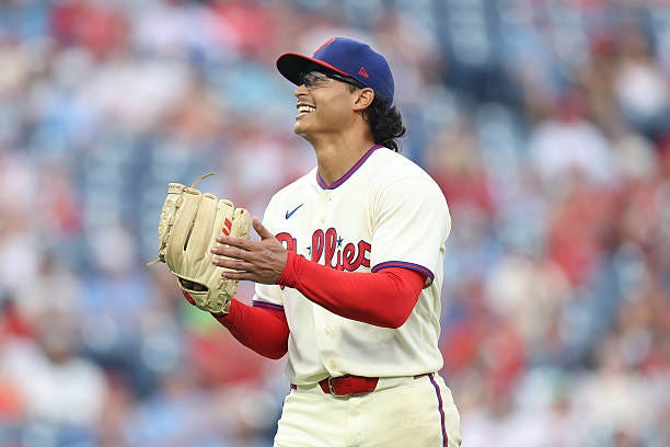 Jesús Luzardo of the Philadelphia Phillies reacts after a strike out in the fifth inning during a game against the New York Mets at Citizens Bank...