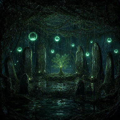 Restored Swamp Fane at night, glowing viridian spheres, ancient standing stones, dew-soaked vine canopy, luminous sapling at center, mystical swamp ambience