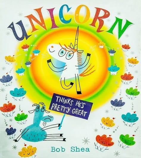 Book covers of The Unicorn Came to Dinner, Unicorn Thinks He's Pretty Great and Unicornia