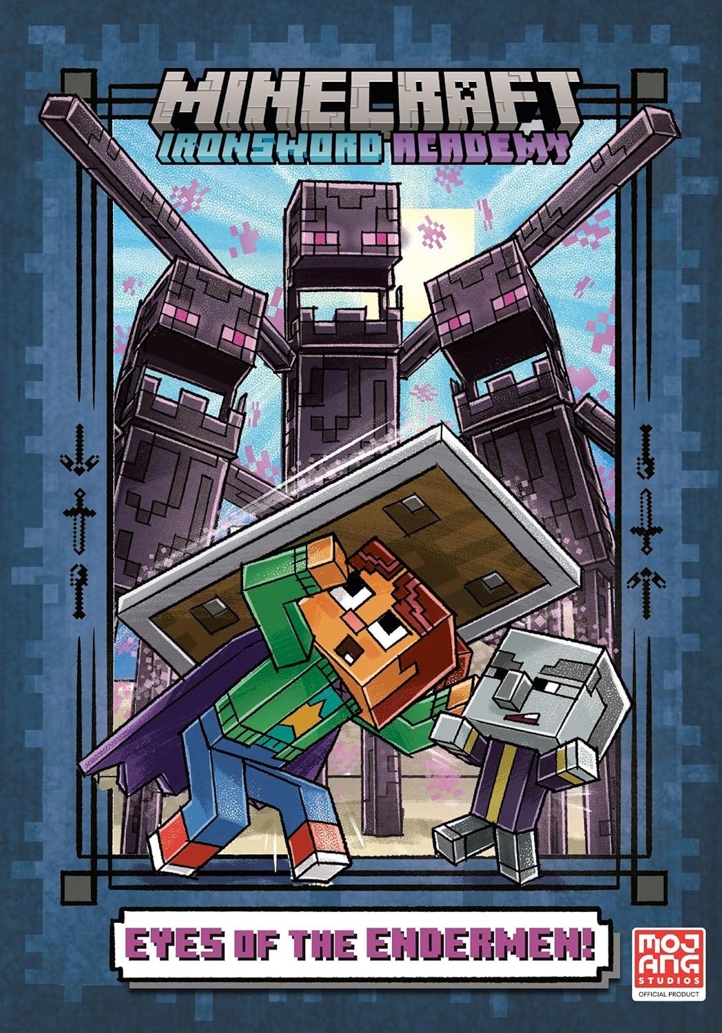 Comic-style cover of Minecraft: Ironsword Academy – Eyes of the Endermen! featuring a pixelated Minecraft hero holding a large shield while fending off three towering Endermen with glowing purple eyes. A smaller character stands beside the hero, both set against a digital-style background with blocky textures and pixel borders. Bold title text appears at the top and bottom, with the Mojang Studios logo in the lower right corner.
