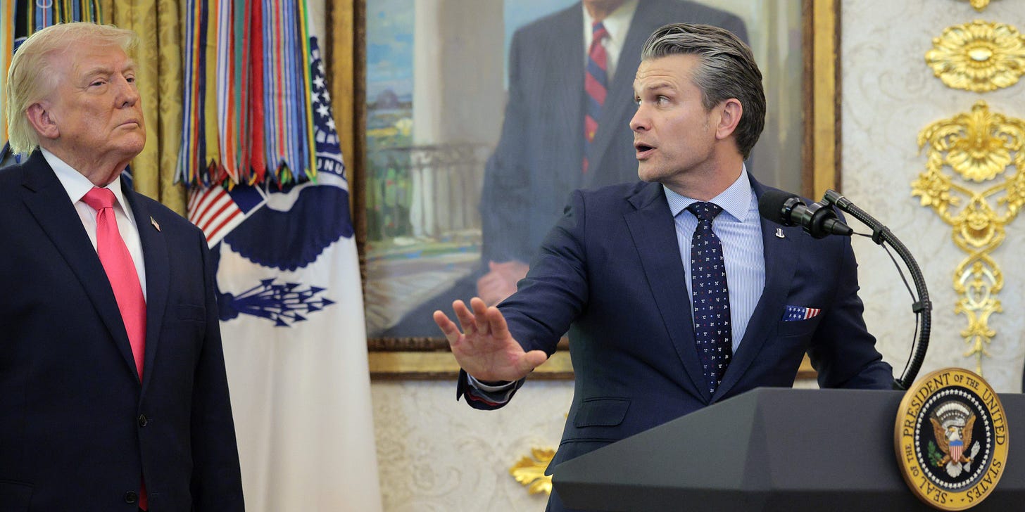 WASHINGTON, DC - MARCH 24: U.S. Secretary of War Pete Hegseth (R) answers questions as U.S. President Donald Trump looks on during a ceremony for newly sworn in U.S. Secretary of the Department of Homeland Security Markwayne Mullin in the Oval Office at the White House on March 24, 2026 in Washington, DC. Mullin takes the helm of DHS during a challenging time as it has been partially shut down since February 14 while lawmakers negotiate reforms for Immigration and Customs Enforcement. (Photo by Chip Somodevilla/Getty Images) WASHINGTON, DC - MARCH 24: U.S. Secretary of War Pete Hegseth (R) answers questions as U.S. President Donald Trump looks on during a ceremony for newly sworn in U.S. Secretary of the Department of Homeland Security Markwayne Mullin in the Oval Office at the White House on March 24, 2026 in Washington, DC. Mullin takes the helm of DHS during a challenging time as it has been partially shut down since February 14 while lawmakers negotiate reforms for Immigration and Customs Enforcement. (Photo by Chip Somodevilla/Getty Images)