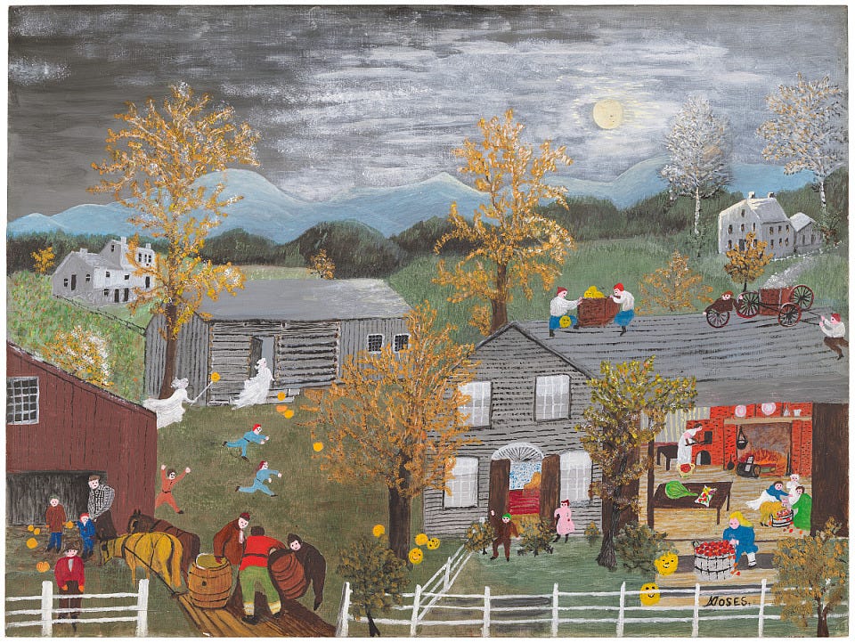 Grandma Moses, Halloween, 1955, oil on high-density fiberboard, Smithsonian American Art Museum, Museum purchase through the Luisita L. and Franz H. Denghausen Endowment, 2024.37.5, © Grandma Moses Properties Co., NY
