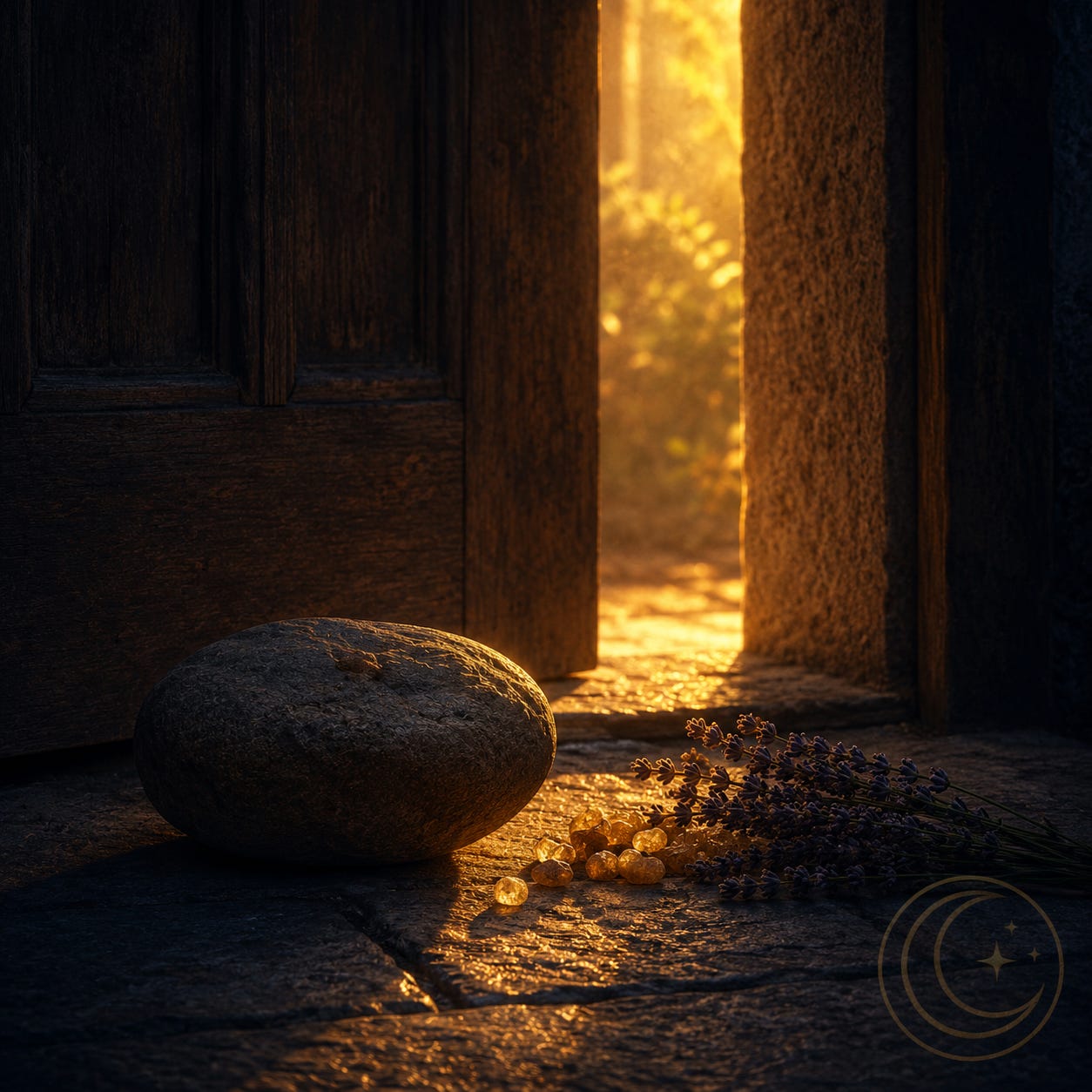 MoonInMental aromatherapy image for the Capricorn Full Moon and Jupiter into Leo week June 2026. A heavy stone being set down beside a glowing open doorway with frankincense and lavender, representing releasing what isn't yours and stepping into what's next. MoonInMental aromatherapy image for the Capricorn Full Moon and Jupiter into Leo week June 2026. A heavy stone being set down beside a glowing open doorway with frankincense and lavender, representing releasing what isn't yours and stepping into what's next.