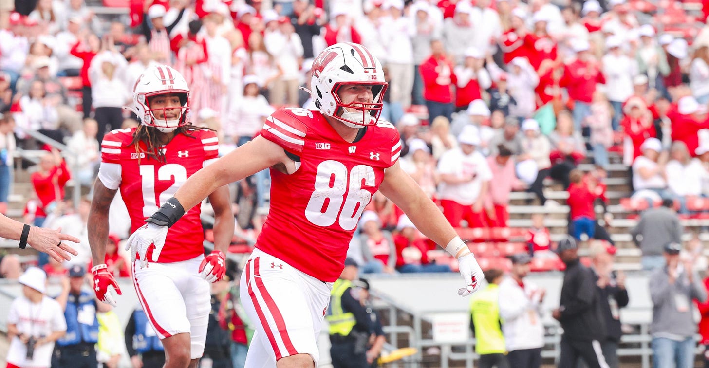 Wisconsin Badgers tight end Lance Mason celebrates after scoring a touchdown against Middle Tennessee State