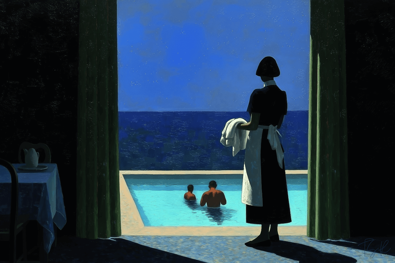 A maid in a black uniform and white apron stands in a dark interior, back to the viewer, holding white towels. She looks through a wide doorway at two men waist-deep in a bright blue swimming pool. Beyond the pool, a dark blue ocean meets a matching sky. Featured image for the story "Residue of Man," part of the Narrative Fractures series within The Subtext Review.