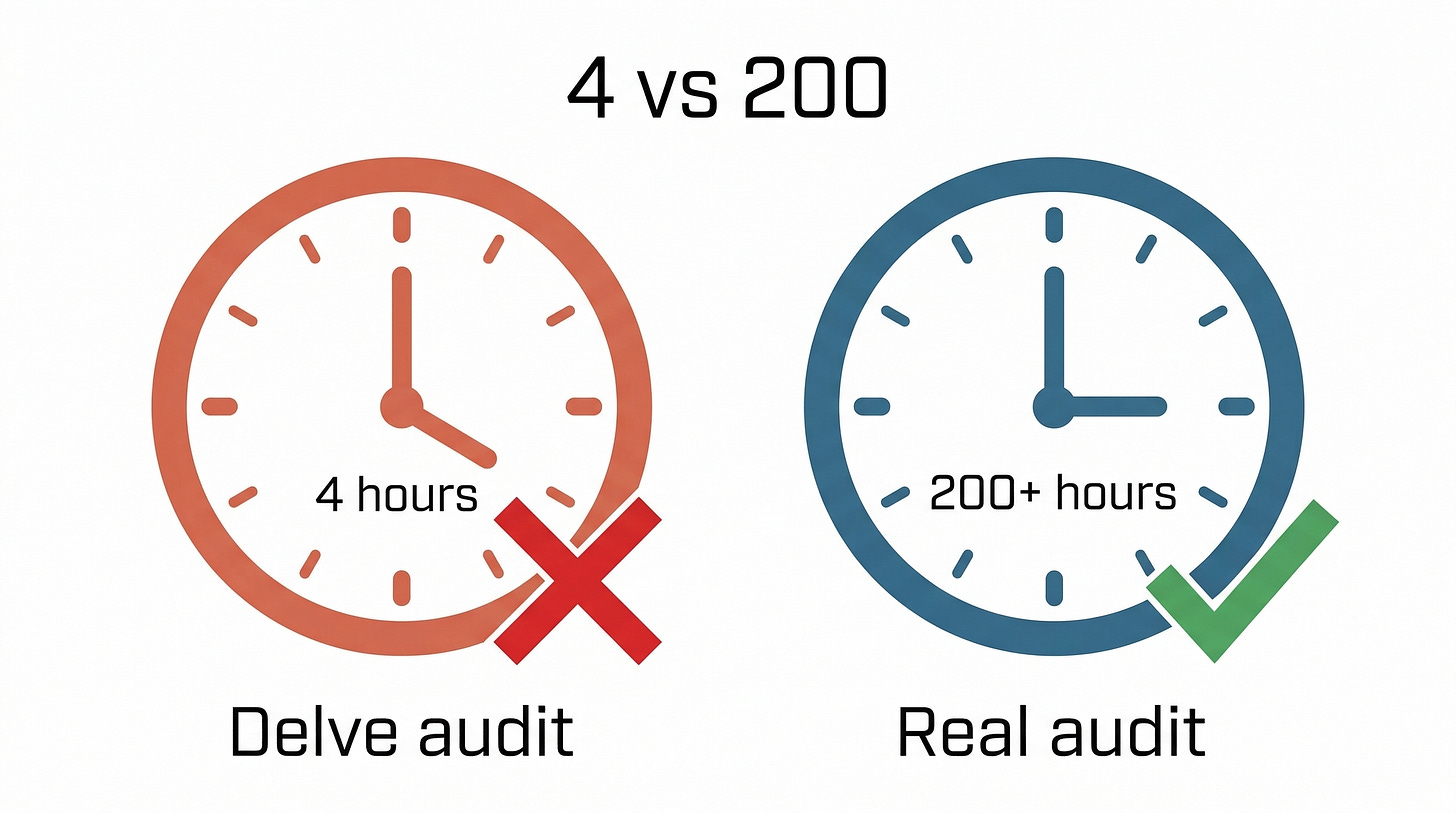 Four hours versus two hundred: the gap between Delve's process and a real audit