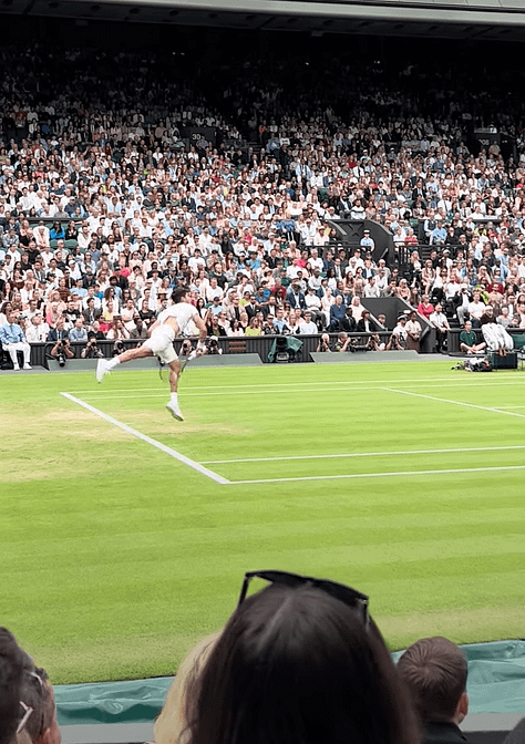 The Wimbledon queue! Ok, clearly not India, but this is the most underrated thing I did in London. Left: Queue buddies, Wimbledon 2023. Centre: Wimbledon museum. Right: 120 quid for row five Centre Court, round of 16, Alcaraz and Raducanu, Wimbledon 2024.)