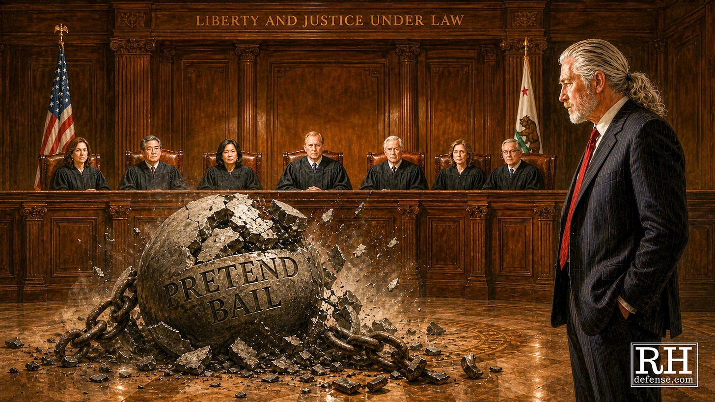 Rick Horowitz, a silver-haired attorney with hair pulled back in a ponytail, stands in a California courtroom as a shattered ball labeled “Pretend Bail” lies broken before seven justices.