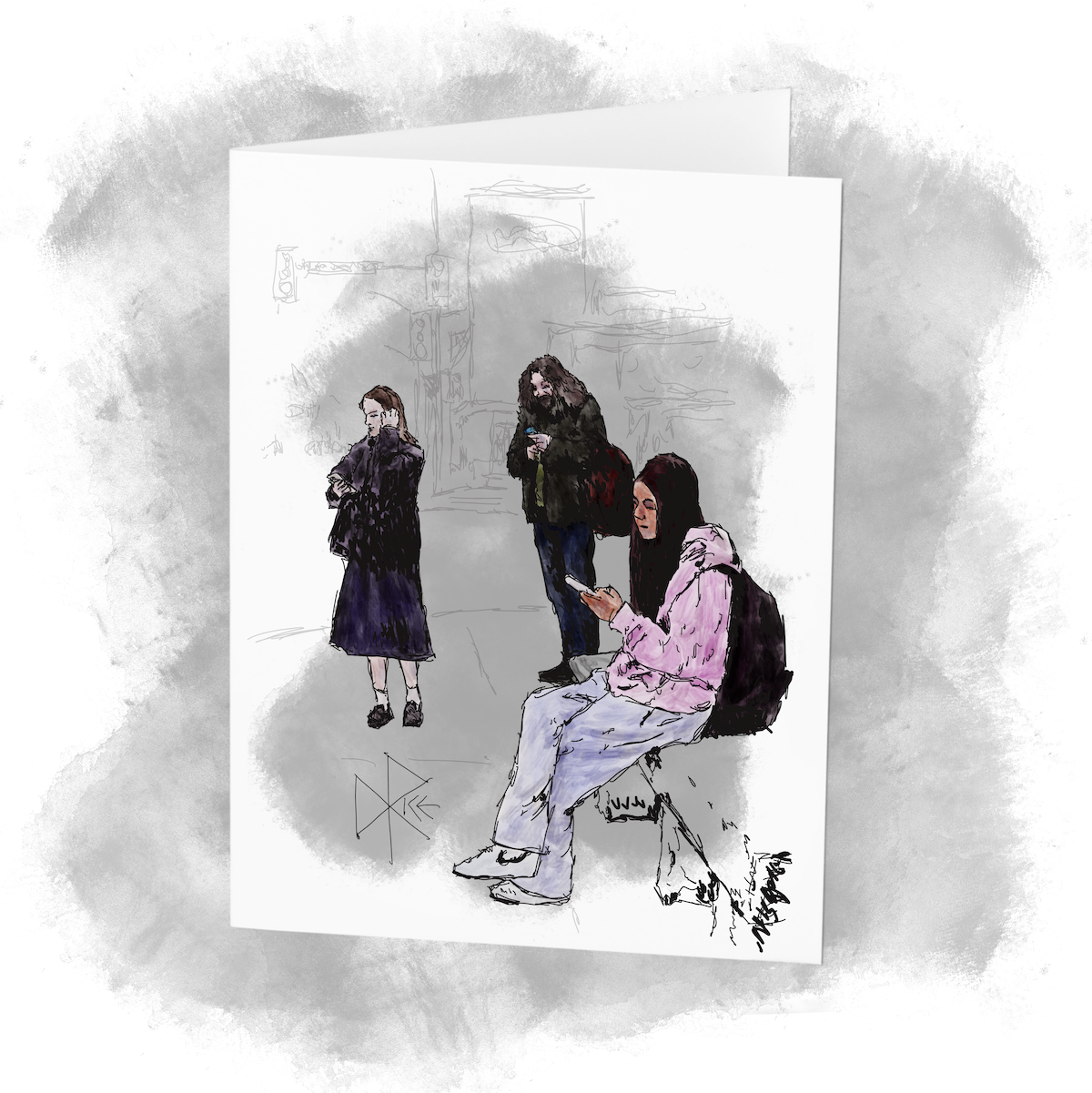Each looking at their phones, three people wait for the arrival of a bus. Sketch art by Don Rice.