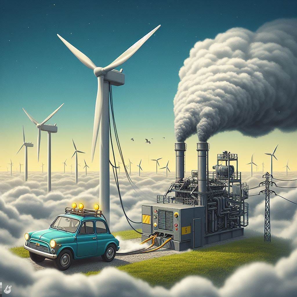 A wind turbine connected to a diesel generator which is polluting