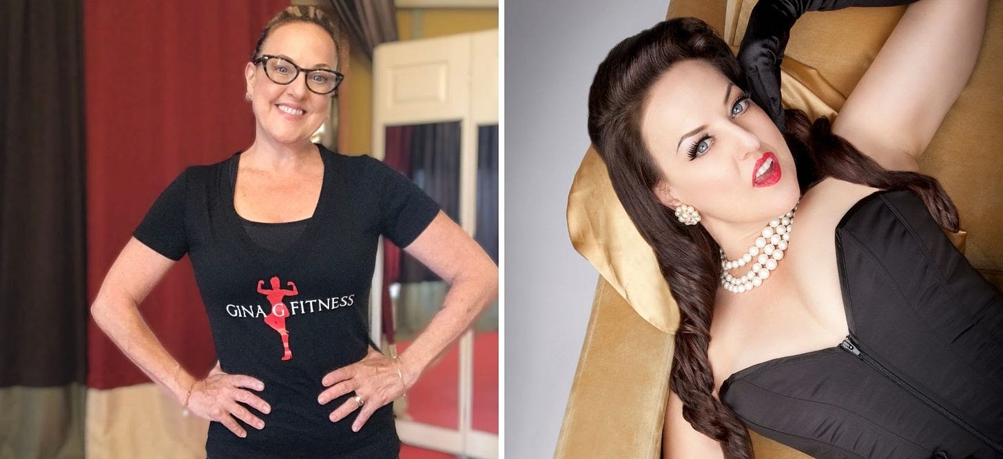 Two photos of Gina, one in fitness clothes, one as pinup model