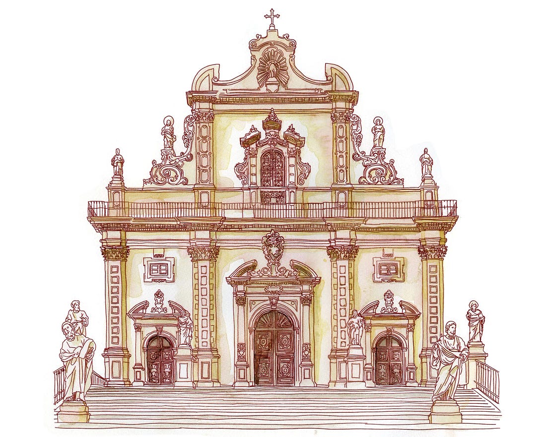 Liner pen and watercolor sketch of the baroque facade of the Chiesa di San Pietro in Modica, washed in honey-colored limestone tones, with statues of the apostles flanking the steps. Liner pen and watercolor sketch of the baroque facade of the Chiesa di San Pietro in Modica, washed in honey-colored limestone tones, with statues of the apostles flanking the steps.
