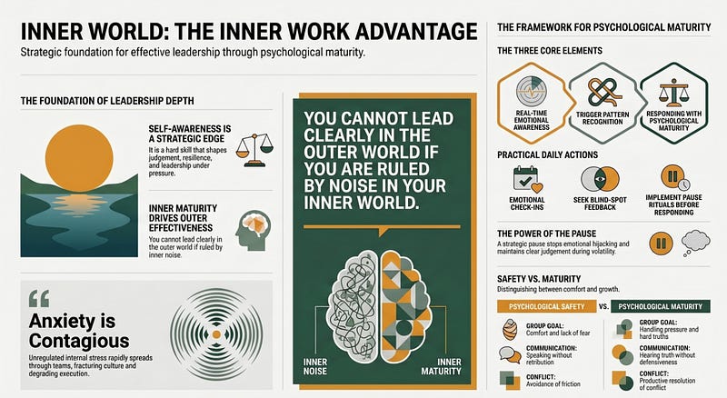 An infographic titled “Inner World — The Inner Work Advantage” showing self‑awareness as a strategic leadership skill. It highlights the fourth dimension of the THRIVE framework — emotional awareness, pattern recognition, and psychological maturity — and offers practical steps like daily emotional check‑ins and a simple pause ritual to help leaders respond with clarity instead of reacting to internal noise.