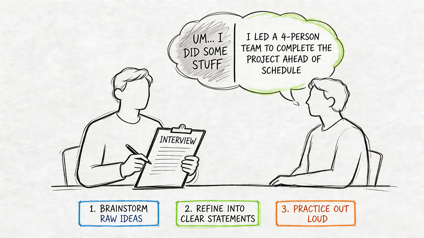 A line drawing illustration showing a job candidate refining their interview answers to sound more professional and confident.