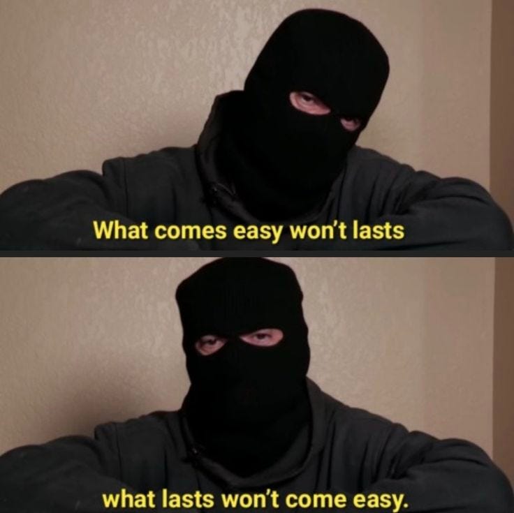 This may contain: a man wearing a black mask with the caption what comes easy won't last