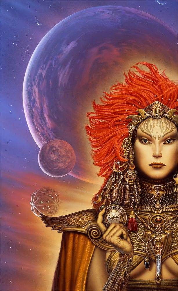 A woman wearing an ornate headdress dominates the right side of the painting. Wild tufts of thick red hair rise above a bronze tiara, a regal mane to match flame-like tattoos covering her forehead. An assortment of jewels, baubles, and tassels hang from the headpiece. Her neck is similarly adorned with decorative armor that flares wide at the shoulders and ends at a point over her breastbone where a test tube lit with a current of electricity hangs. A shimmering cloak drapes from the one pauldron visible. Bands of glittery fabric extends on a diagonal from under the armor to cover her breasts, but leave a patch of tanned skin between exposed. In her hand she holds a large token, the border filled with five-pointed stars wrought in bronze on black and the center a bulbous pearl with a flowing alien script. Behind her floats a huge cloud covered planet. Two crescents shine above, while a larger, similarly clouded moon intersect below. Another satellite hovers nearby—apparently artificial given the green glowing lights of technology at its core and metal bands spider-webbing around it. The star field backdrop is saturated the same lilac hue as the planet, but below wispy clouds are suffuse with golden light that radiates from around the woman. A woman wearing an ornate headdress dominates the right side of the painting. Wild tufts of thick red hair rise above a bronze tiara, a regal mane to match flame-like tattoos covering her forehead. An assortment of jewels, baubles, and tassels hang from the headpiece. Her neck is similarly adorned with decorative armor that flares wide at the shoulders and ends at a point over her breastbone where a test tube lit with a current of electricity hangs. A shimmering cloak drapes from the one pauldron visible. Bands of glittery fabric extends on a diagonal from under the armor to cover her breasts, but leave a patch of tanned skin between exposed. In her hand she holds a large token, the border filled with five-pointed stars wrought in bronze on black and the center a bulbous pearl with a flowing alien script. Behind her floats a huge cloud covered planet. Two crescents shine above, while a larger, similarly clouded moon intersect below. Another satellite hovers nearby—apparently artificial given the green glowing lights of technology at its core and metal bands spider-webbing around it. The star field backdrop is saturated the same lilac hue as the planet, but below wispy clouds are suffuse with golden light that radiates from around the woman.