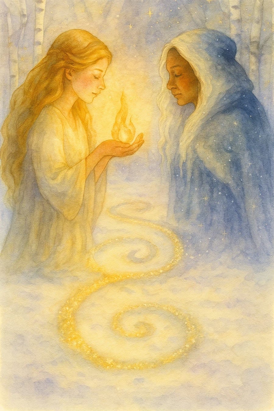 Brigid holding a flame facing the Cailleach in the snow. There are birch trees behind them in the forest and shimmering stars in the midnight sky. Brigid holding a flame facing the Cailleach in the snow. There are birch trees behind them in the forest and shimmering stars in the midnight sky.