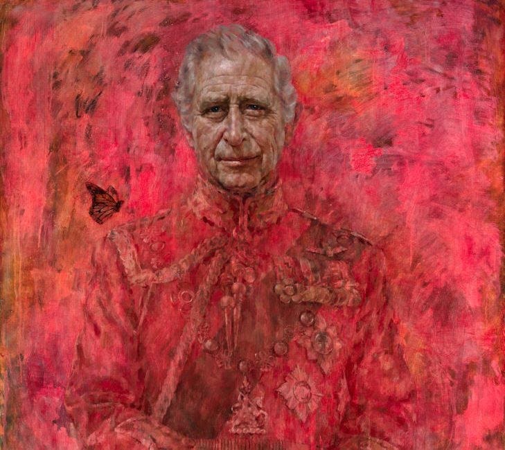a portrait of King Charles by Jonathan Yeo. The painting is predominantly red a portrait of King Charles by Jonathan Yeo. The painting is predominantly red