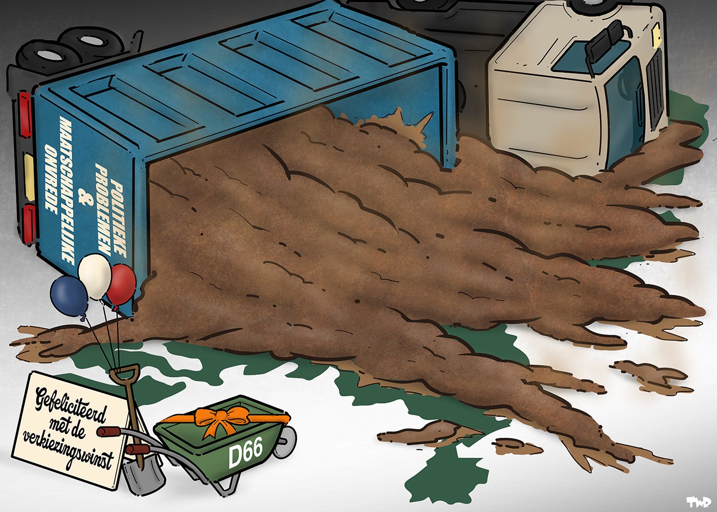Cartoon waarop een vrachtwagen te zien is die is gekiept. Een grote lading bruine smurrie is uit de laadbak over Nederland heen gestroomd. Op de laadbak staat de tekst 'Politieke problemen & maatschappelijke onvrede'. Naast de vrachtwagen staan een schep en een kruiwagen met het D66 logo, versierd met een strik en ballonnen. Op een kaart staat de tekst 'Gefeliciteerd met de verkiezingswinst'.