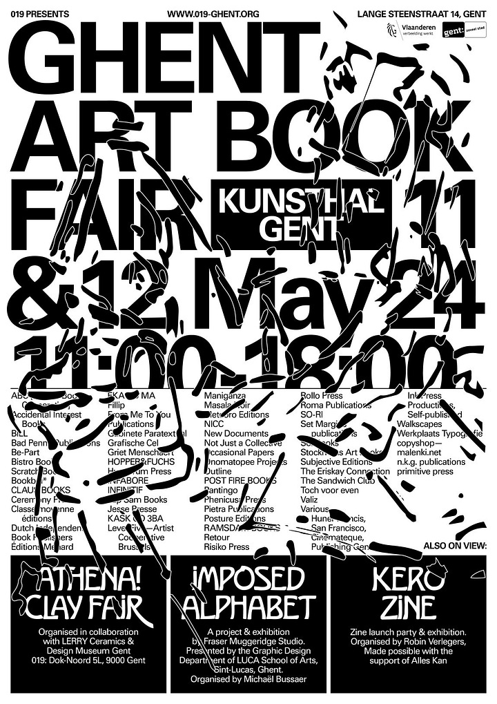 The first image is a poster for the Ghent Art Book Fair, held at Kunsthal Gent on May 11-12, 2024. The poster features bold black text with abstract design elements and lists various participating exhibitors and collaborators, such as Athena! Clay Fair, Imposed Alphabet, and Kero Zine. The second image shows an indoor art book fair scene with high ceilings and colorful tapestries on the walls, featuring multiple booths and tables where people browse through a variety of art books. The space has a grand, church-like architectural style with large windows, wooden beams, and hanging sculptures. In the third image, a person stands behind a booth at the Ghent Art Book Fair, displaying several art books and sticker packs, with a sign indicating that a free sticker pack comes with every book. The table includes works from Soi Books, with a variety of zines, books, and promotional items laid out. The fourth image captures two booth operators from the publishing house Grafis Nusantara sitting behind a table that displays various colorful books, zines, and art publications. One of them is making a peace sign while the other is smiling casually, creating a laid-back and friendly atmosphere at the event.