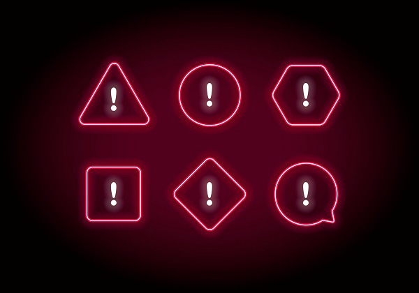 Image of six exclamation points inside various red shapes on a black background Image of six exclamation points inside various red shapes on a black background