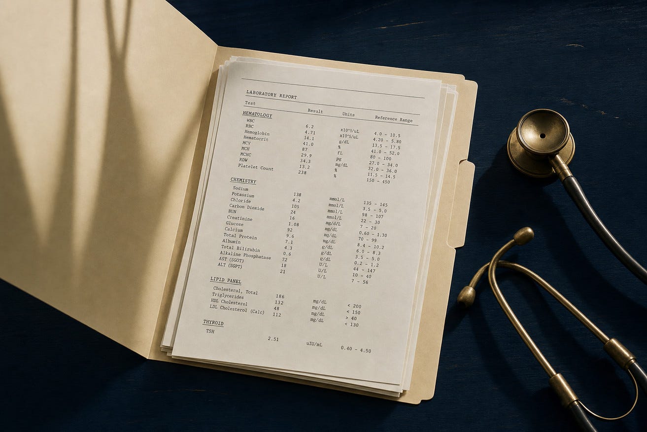 An open medical folder containing a detailed laboratory report — showing hematology, chemistry, lipid panel, and thyroid panels with results all within normal reference ranges — resting on a dark navy surface beside a vintage brass stethoscope, with soft botanical shadows falling across the scene.