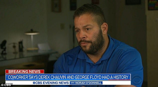 David Pinney (pictured), who worked with George Floyd and Derek Chauvin at a nightclub in Minneapolis said the two men 'bumped heads', which had a lot to do with the cop being 'extremely aggressive'