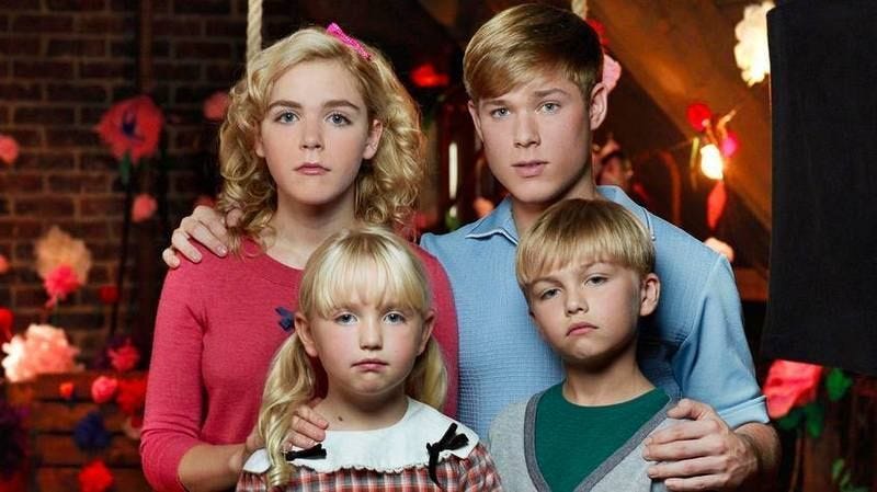 TV still from Flowers in the Attic. Two pairs of twin siblings, all blonde and well-dressed