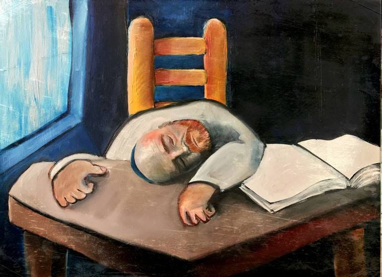pintura de homem em traços meio grotescos debruçado sobre uma mesa e dormindo com um livro aberto ao lado.
